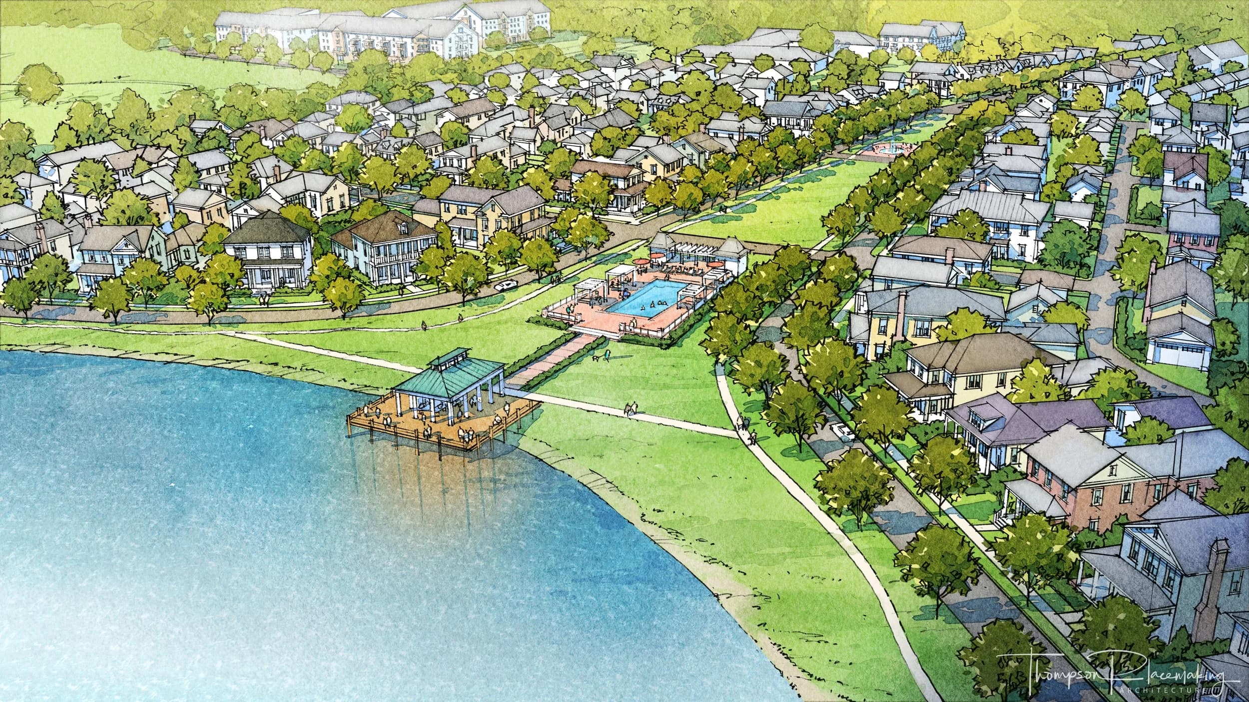 Watercolor aerial of a Southern neighborhood by a lake